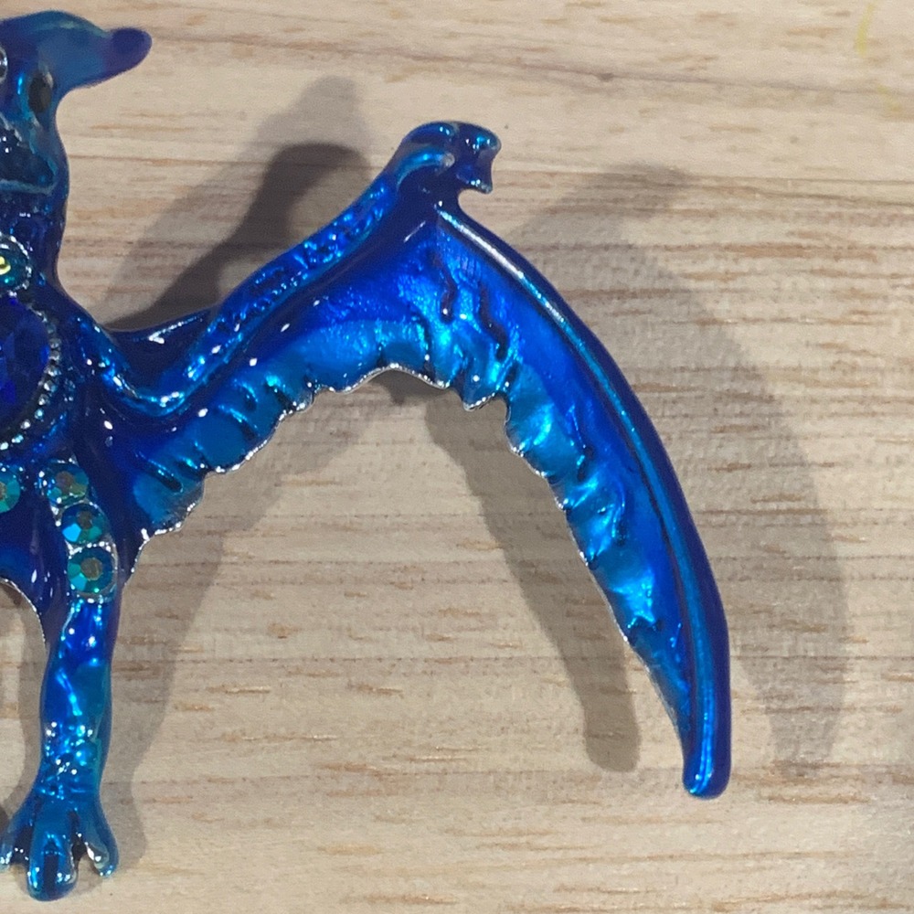Blue Enamel Pterodactyl Dinosaur Brooch Pin Rhinestone Whimsical Statement Gift - Picture 3 of 6